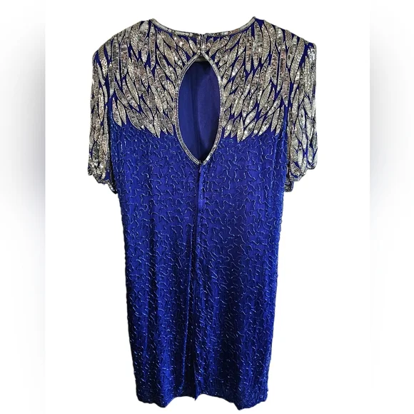 Vintage Stenay Beaded Evening Dress Large Blue Art Deco Silk Sequin 80s Luxury - Picture 3 of 6
